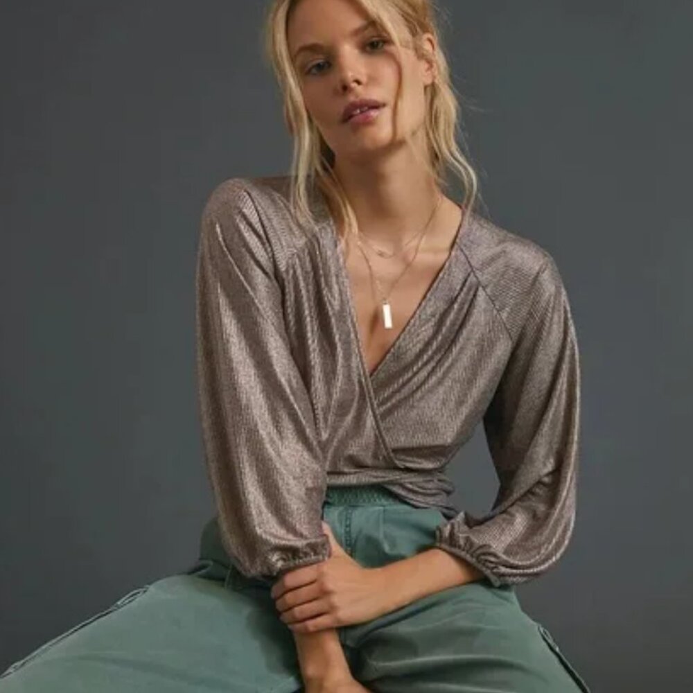 Anthropologie Bronze Metallic Ribbed Wrap Top Size XS  with Balloon Sleeve